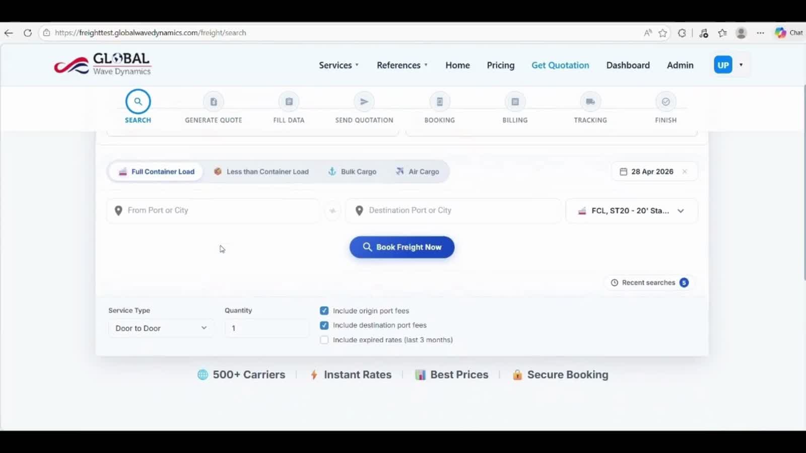 FreightX rate search screen